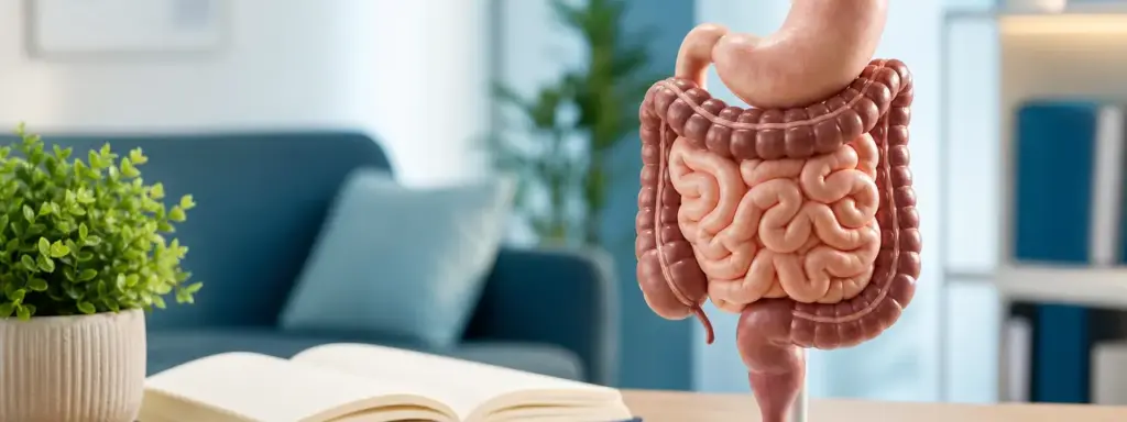 Model of the human intestines displayed above an open book, representing irritable bowel disease patient education